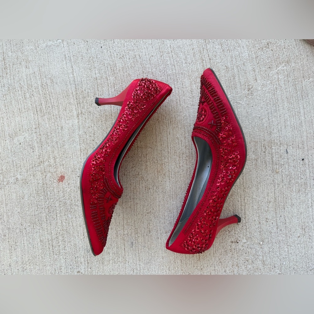 Max Collection Red Sequin Beaded Kitten Heel, Size 9